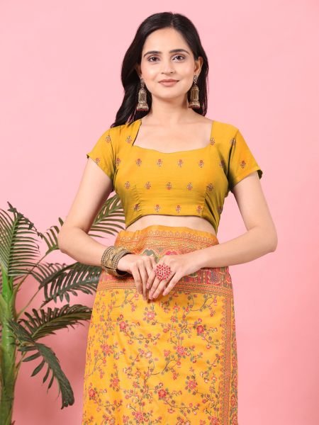 Gold Floral Printed Woven Zari Pashmina Saree Banarasi Sarees