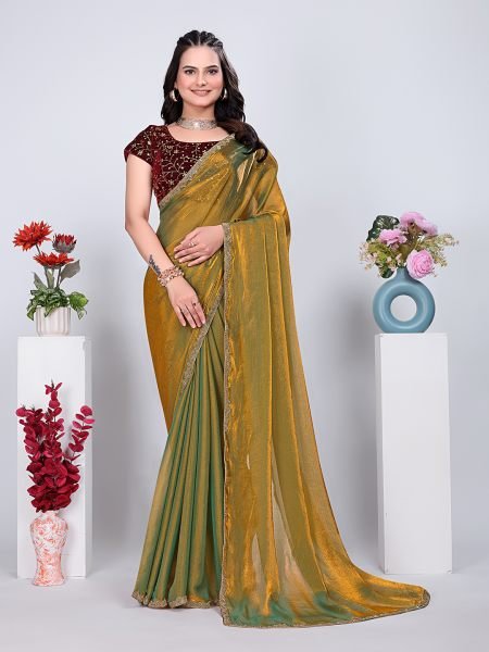Gold Lace Rama Two Tone Fancy Chiffon Silk Saree With Stitched Blouse Daily Deals