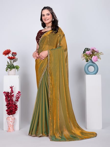 Gold Lace Rama Two Tone Fancy Chiffon Silk Saree With Stitched Blouse Designer Sarees