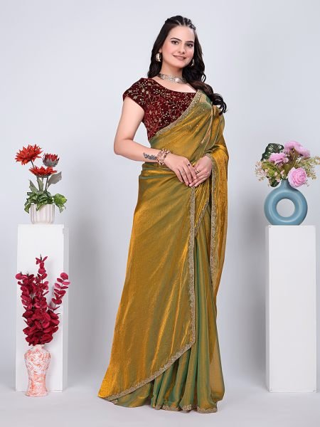 Gold Lace Rama Two Tone Fancy Chiffon Silk Saree With Stitched Blouse Designer Sarees