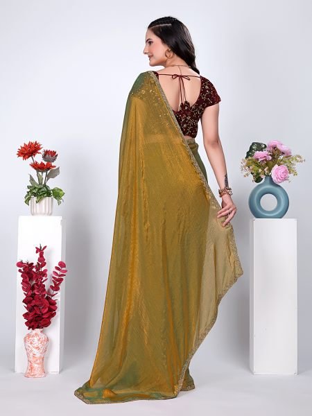 Gold Lace Rama Two Tone Fancy Chiffon Silk Saree With Stitched Blouse Designer Sarees