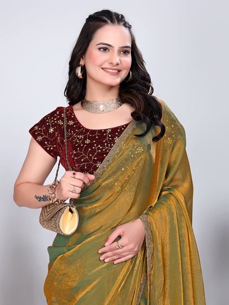 Gold Lace Rama Two Tone Fancy Chiffon Silk Saree With Stitched Blouse Designer Sarees
