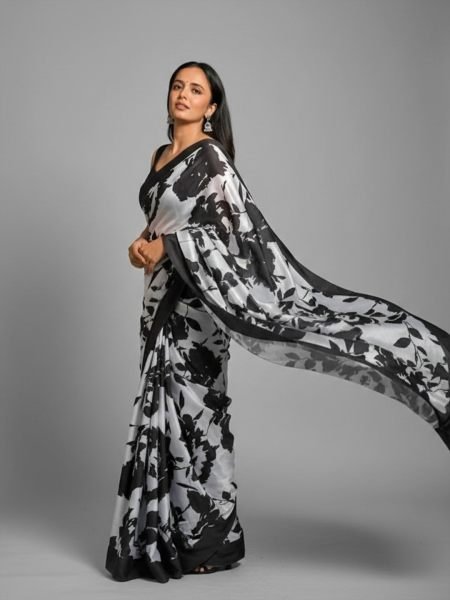 Graphic Print Satin Silk Saree in Black   White with Solid Border