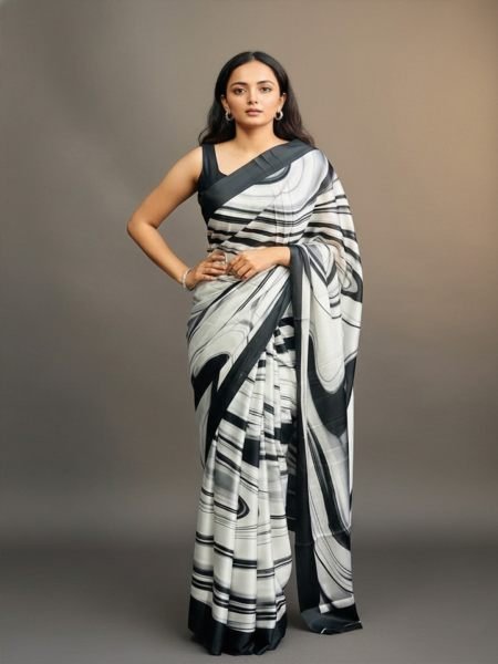 Graphic Print Satin Silk Saree in Black   White with Solid Border