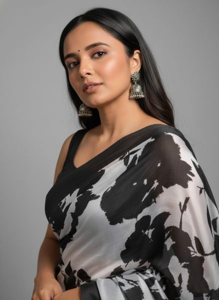 Graphic Print Satin Silk Saree in Black   White with Solid Border Printed Sarees