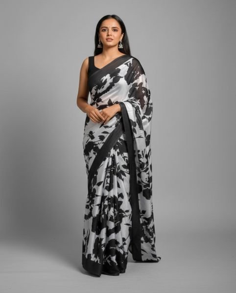 Graphic Print Satin Silk Saree in Black   White with Solid Border Printed Sarees