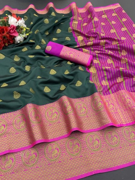 Green Cotton Silk Banarasi Saree with Jacquard Zari Peacock Woven Border Sale