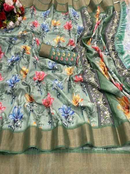 Green Cotton Silk Handloom Printed Saree with Tassel Border Pallu Sale