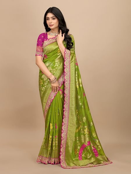 Green Dola Silk Kanjivaram Saree with Jacquard Work and Embroidered Lace Border Kanjivaram Sarees