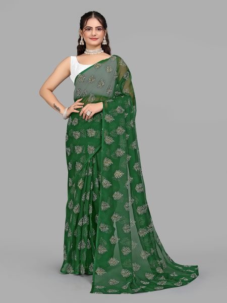 Green Floral Print Ready To Wear Daily Saree Ready To Wear Sarees