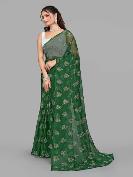 Green Floral Print Ready To Wear Daily Saree Ready To Wear Sarees