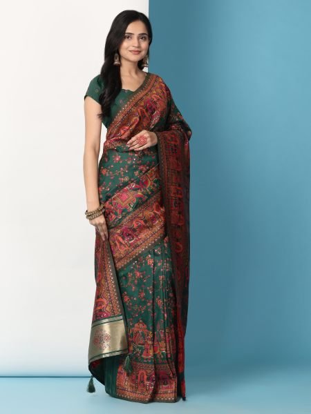 Green Floral Printed Woven Zari Pashmina Saree Banarasi Sarees