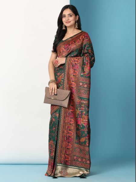 Green Floral Printed Woven Zari Pashmina Saree Banarasi Sarees