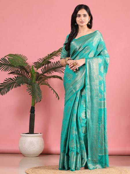 Green Banarasi Georgette jacquard Saree With Embroidery Blouse Banarasi Sarees