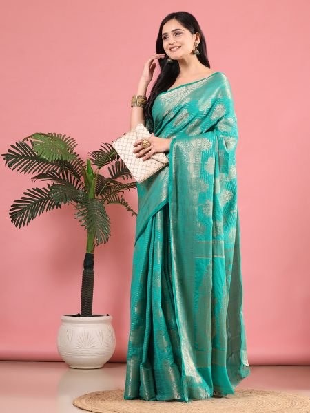 Green Banarasi Georgette jacquard Saree With Embroidery Blouse Banarasi Sarees