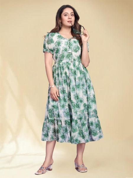 Green Georgette Floral Print Maxi Dress with Puff Sleeves and Flared Jalar Design for Elegant Parties Western Wear