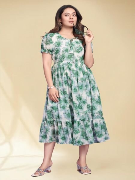 Green Georgette Floral Print Maxi Dress with Puff Sleeves and Flared Jalar Design for Elegant Parties Sale