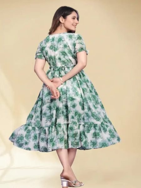 Green Georgette Floral Print Maxi Dress with Puff Sleeves and Flared Jalar Design for Elegant Parties Dresses