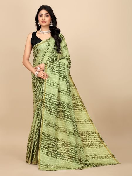 Green Gorgeous Manipuri Jute Silk Saree with Bandhani Print Ready to Wear Ready To Wear Sarees