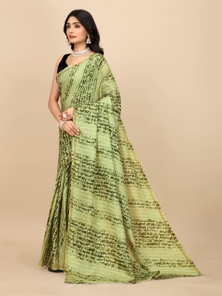 Green Gorgeous Manipuri Jute Silk Saree with Bandhani Print Ready to Wear Ready To Wear Sarees