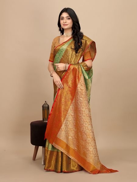 Green Pattu Silk Fabric Jacquard Woven Kanjivaram Dharmavaram Styles Kanjivaram Sarees