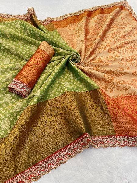Green Pattu Silk Jacquard Embroidery Lace Border Dharmavaram Saree Sale