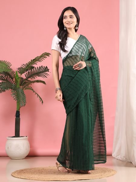 Green Ready To Wear Chiffon Zari Linen Saree Ready To Wear Sarees