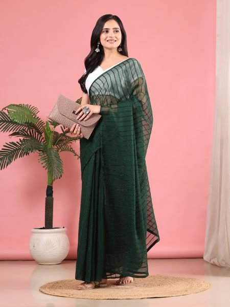 Green Ready To Wear Chiffon Zari Linen Saree Ready To Wear Sarees