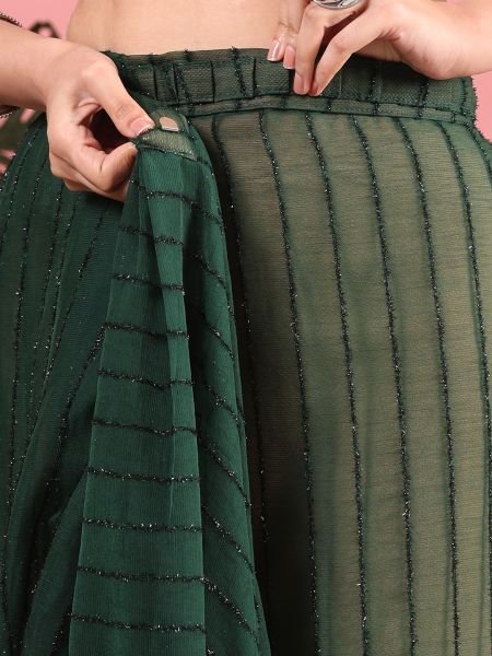 Green Ready To Wear Chiffon Zari Linen Saree Ready To Wear Sarees
