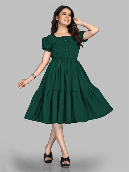 Green Stylish Crape Solid Button Closure Layered Fit and Flare Dress with Puff Sleeves