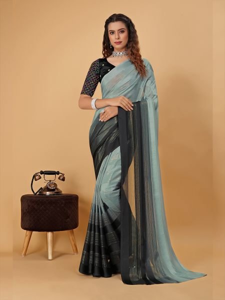 Grey Black Plain Satin Striped Georgette Saree Sale