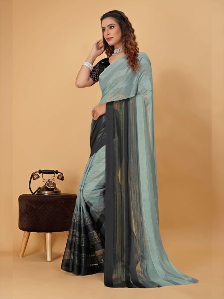 Grey Black Plain Satin Striped Georgette Saree Designer Sarees