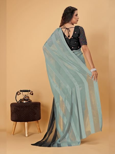 Grey Black Plain Satin Striped Georgette Saree Designer Sarees