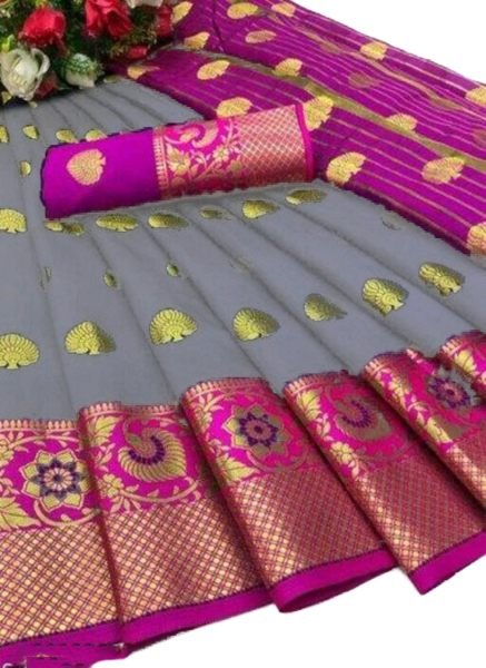 Grey Cotton Silk Banarasi Saree with Zari Woven Jacquard for Festive Wear Sale