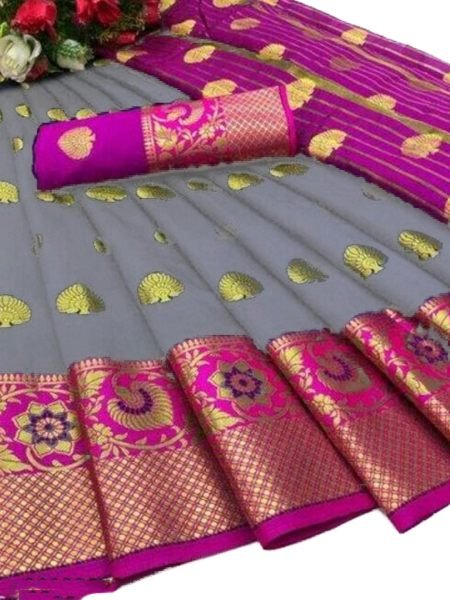 Grey Cotton Silk Banarasi Saree with Zari Woven Jacquard for Festive Wear Sale