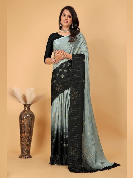 Grey Diamond Work Zari Butta Party Wear Saree  Sale