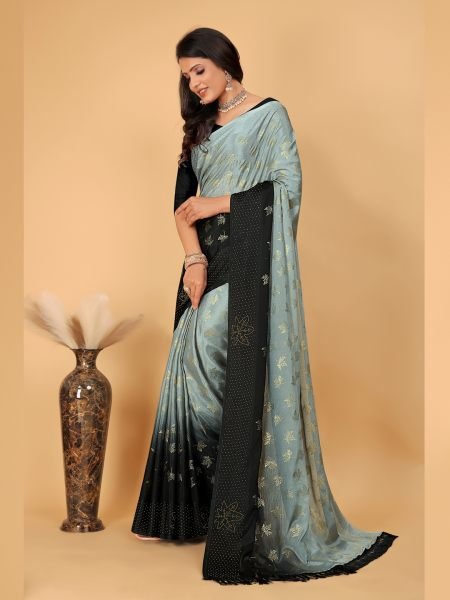 Grey Diamond Work Zari Butta Party Wear Saree  Designer Sarees