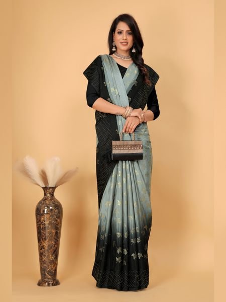 Grey Diamond Work Zari Butta Party Wear Saree  Designer Sarees