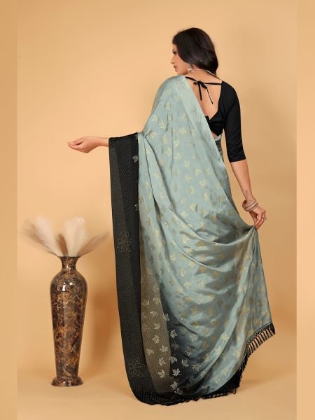 Grey Diamond Work Zari Butta Party Wear Saree  Designer Sarees