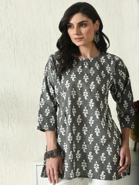 Grey Floral Printed Cotton Blend Top with Keyhole Neck Sale