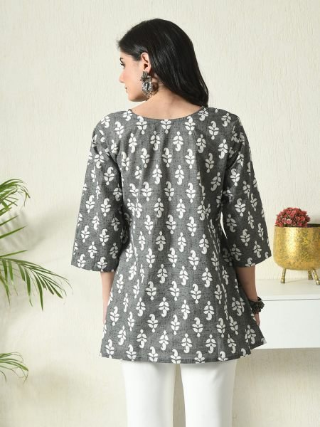 Grey Floral Printed Cotton Blend Top with Keyhole Neck Kurtis & Tunics