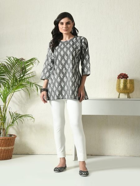 Grey Floral Printed Cotton Blend Top with Keyhole Neck Kurtis & Tunics