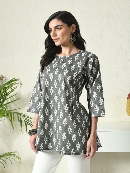 Grey Floral Printed Cotton Blend Top with Keyhole Neck Kurtis & Tunics