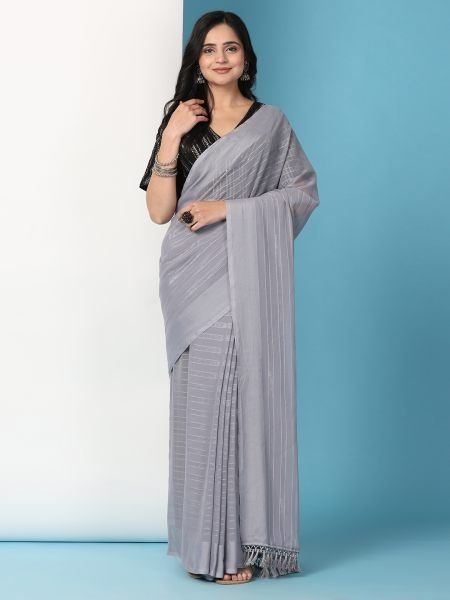 Grey Ready To Wear Chiffon Saree With Stitched Blouse Ready To Wear Sarees