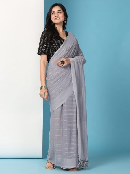 Grey Ready To Wear Chiffon Saree With Stitched Blouse Ready To Wear Sarees