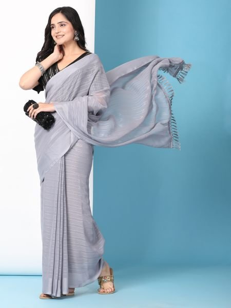 Grey Ready To Wear Chiffon Saree With Stitched Blouse Ready To Wear Sarees