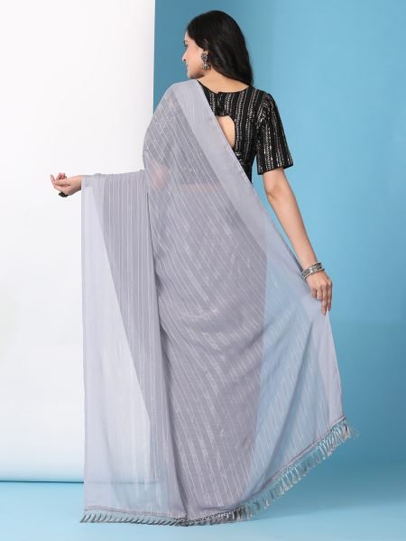 Grey Ready To Wear Chiffon Saree With Stitched Blouse Ready To Wear Sarees