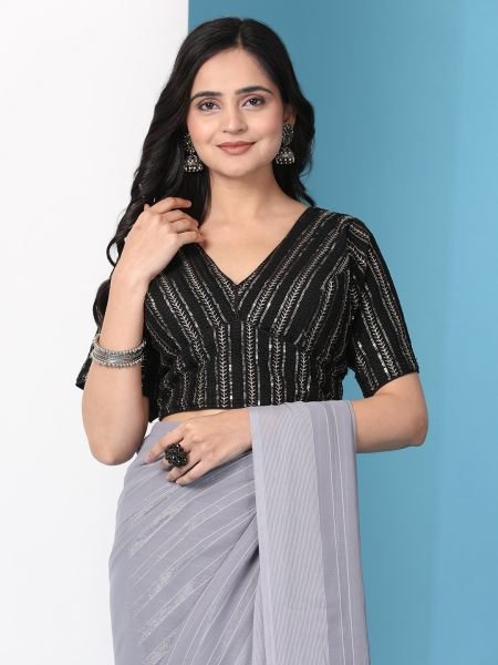 Grey Ready To Wear Chiffon Saree With Stitched Blouse Ready To Wear Sarees
