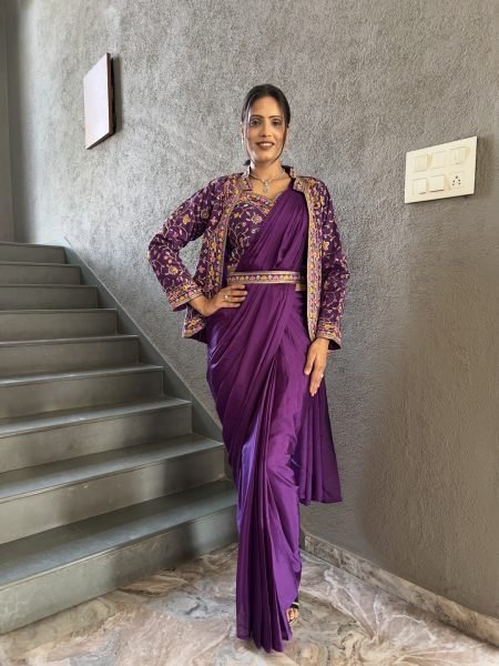 Heavy Chinon Jacket Saree With Blouse and Cording Embroidered Work