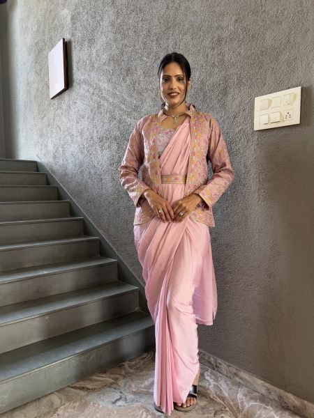 Heavy Chinon Jacket Saree With Blouse and Cording Embroidered Work Ready To Wear Sarees